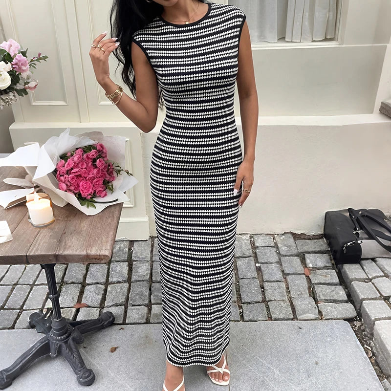 Stretch Stripe Sleeveless Pull On Dress in Black