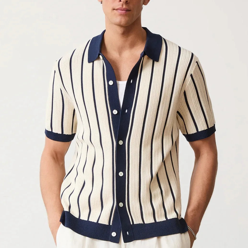Striped Knit Short Sleeve Polo Shirt