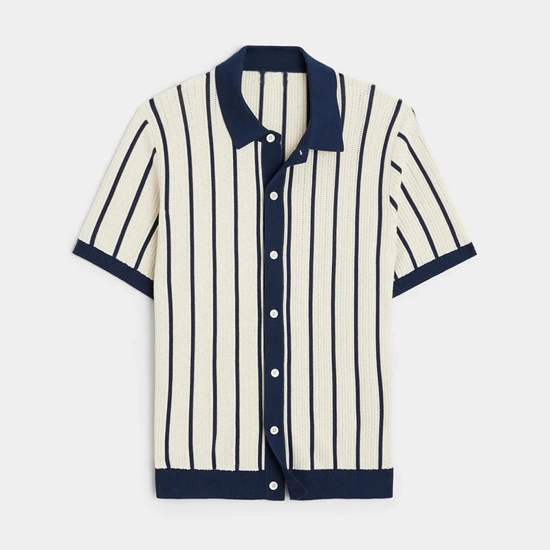 Striped Knit Short Sleeve Polo Shirt