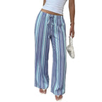 Striped Loose Fit Drawstring Trousers in Blue