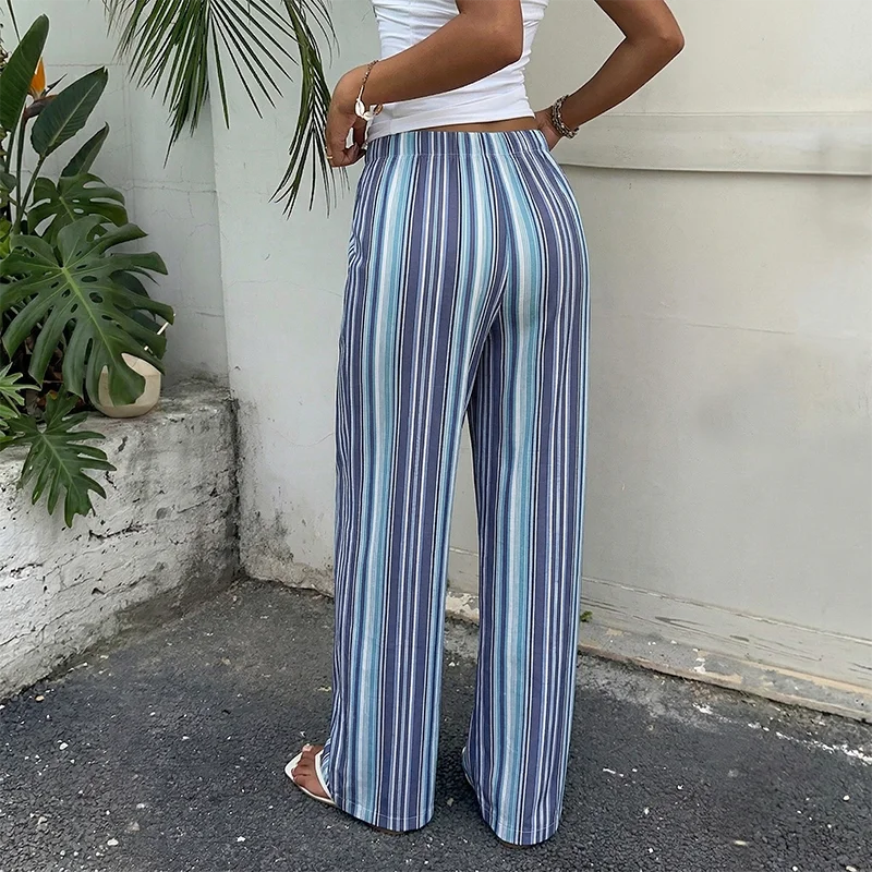 Striped Loose Fit Drawstring Trousers in Blue