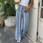 Striped Loose Fit Drawstring Trousers in Blue