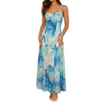 Tropical Print Flowy Long Slip Dress in Blue