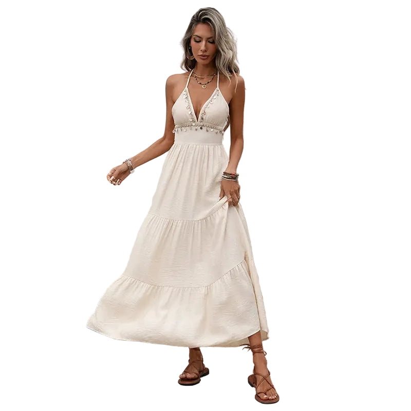 V Neck Back Tie Flowy Maxi Dress
