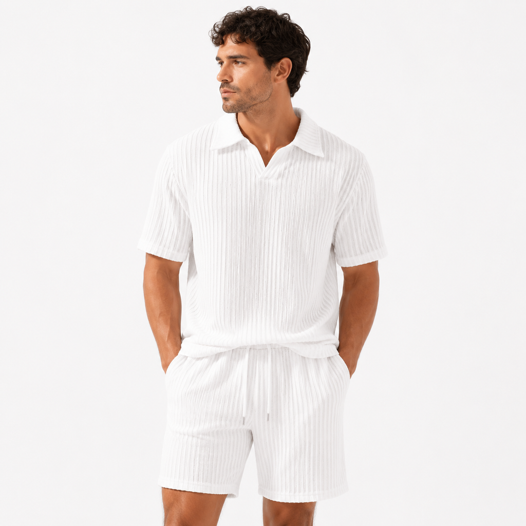White ribbed short sleeve polo shirt and matching shorts, front view.