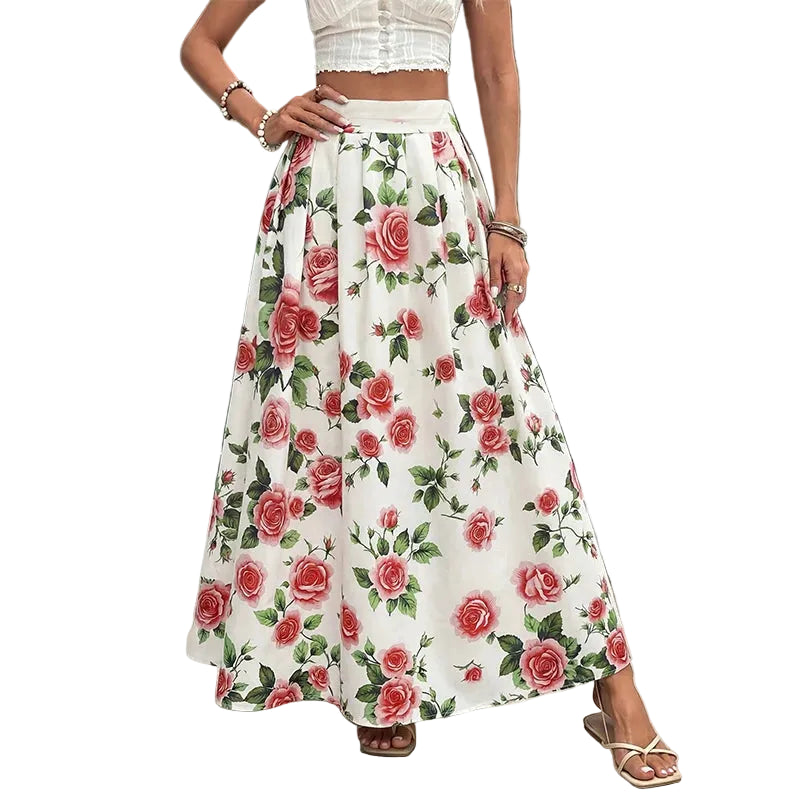 Women’s Boho Flower Print Maxi Skirt in White Main image