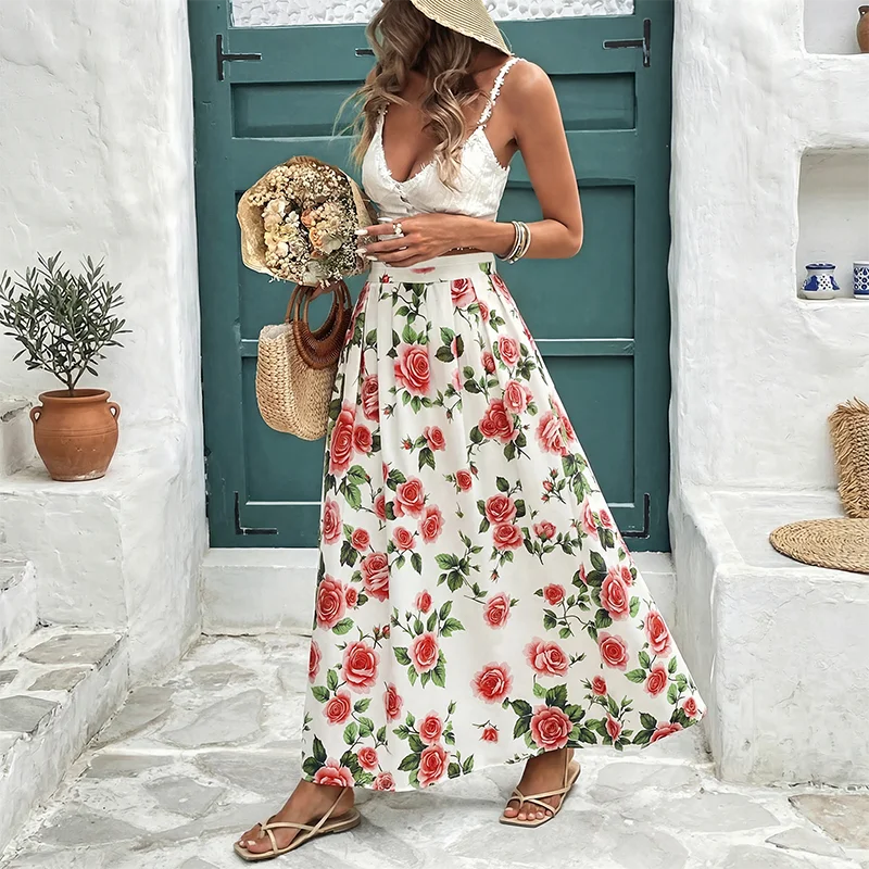 Women’s Boho Flower Print Maxi Skirt in White
