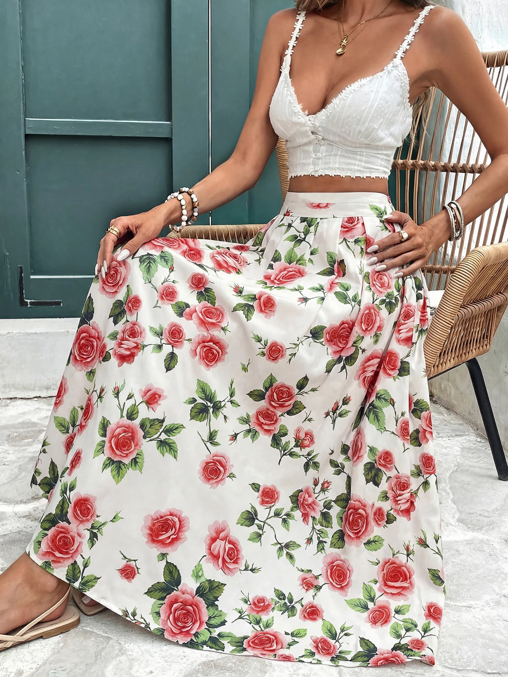 Women’s Boho Flower Print Maxi Skirt in White