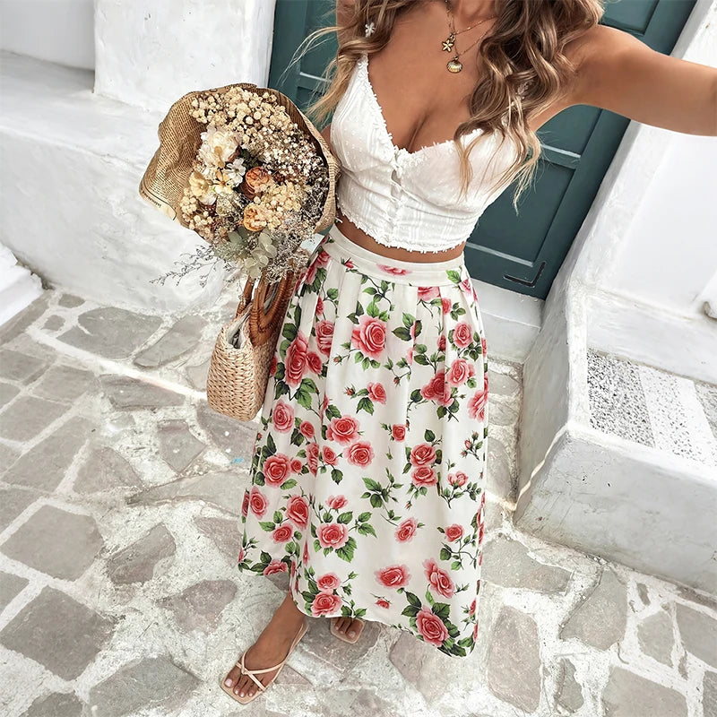 Women’s Boho Flower Print Maxi Skirt in White