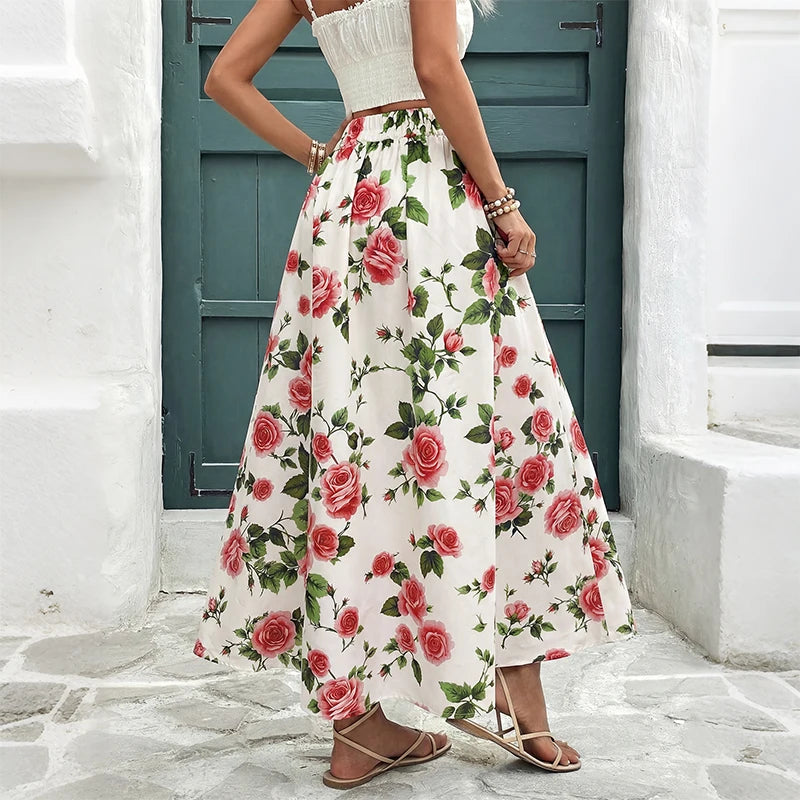 Women’s Boho Flower Print Maxi Skirt in White
