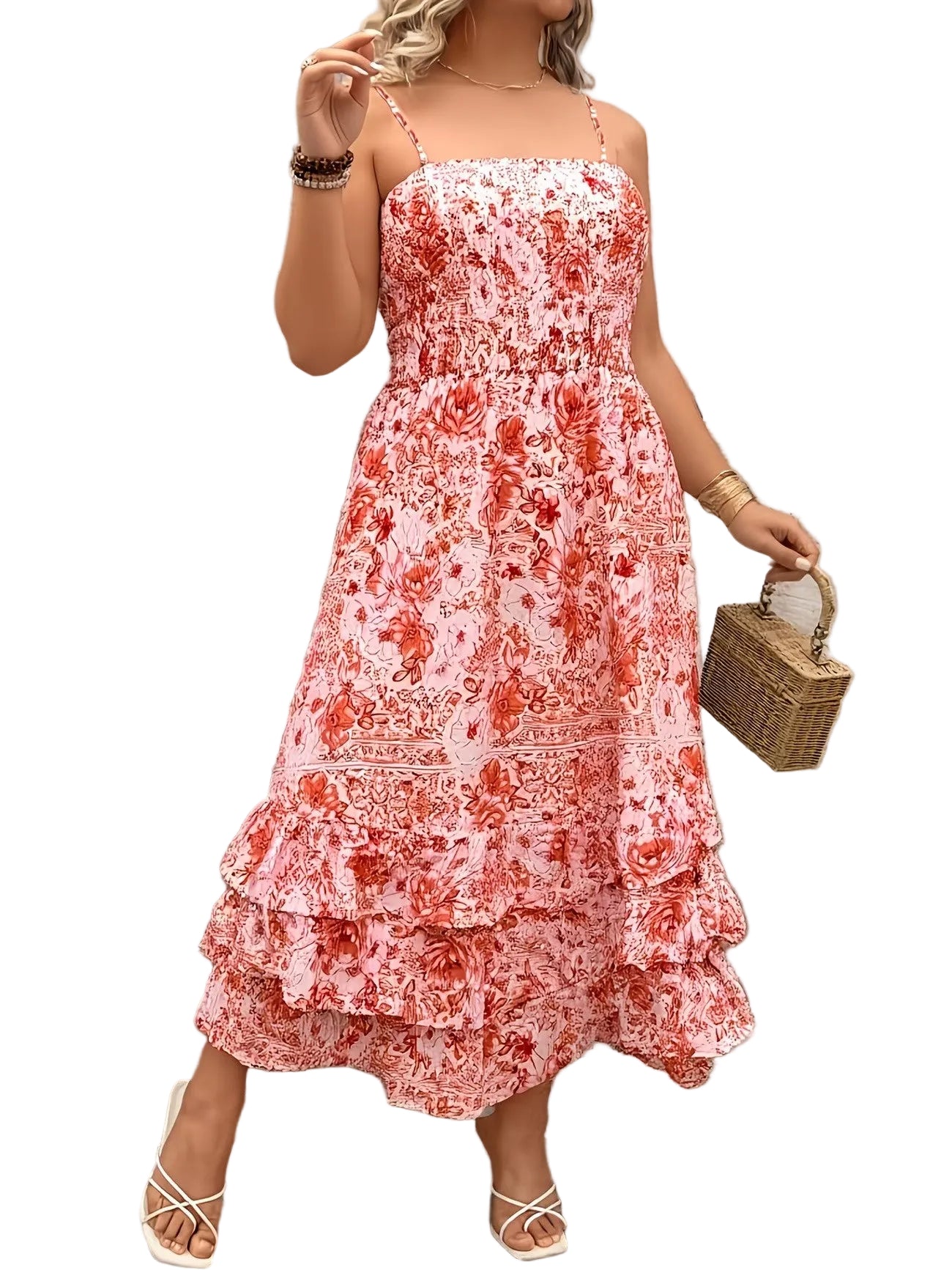 Women's Floral Midi Dress with Tiered Skirt