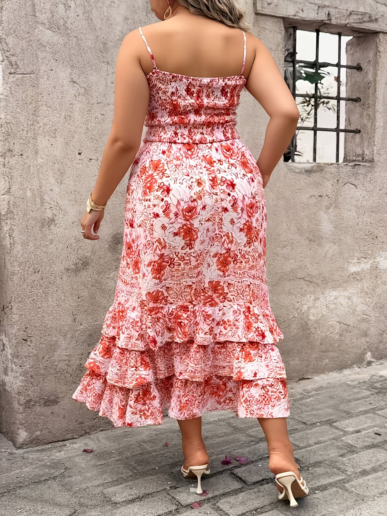 Women's Floral Midi Dress with Tiered Skirt