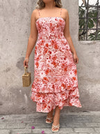 Women's Floral Midi Dress with Tiered Skirt