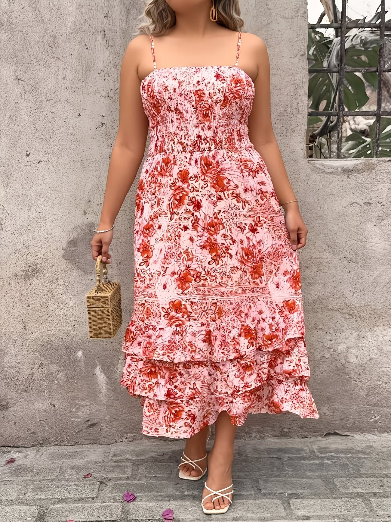 Women's Floral Midi Dress with Tiered Skirt