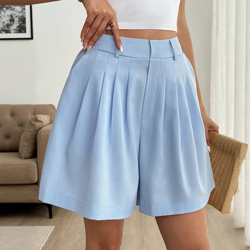 Women’s Light Blue Pleated Flowy Shorts in Blue
