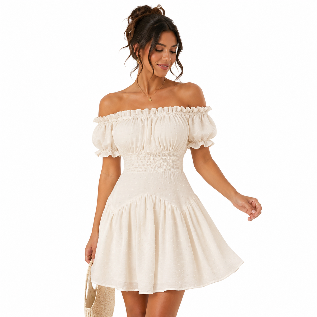 smocked off the shoulder mini dress Women's Off-Shoulder – Fayviora P011626-INC Size:(UK 20) (US 16) (EU 48) (3XL) Red Satin Two-piece Ruffle size L Self