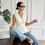 Women’s Ruched Waist Sleeveless Peplum Top in White