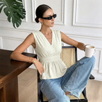 Women’s Ruched Waist Sleeveless Peplum Top in White