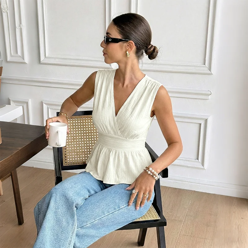 Women’s Ruched Waist Sleeveless Peplum Top in White