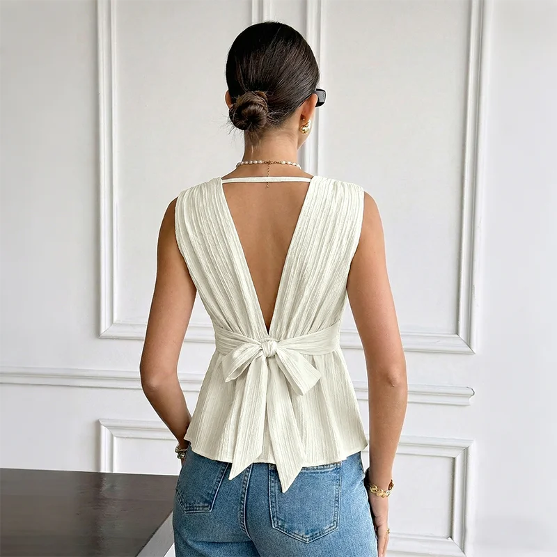 Women’s Ruched Waist Sleeveless Peplum Top in White