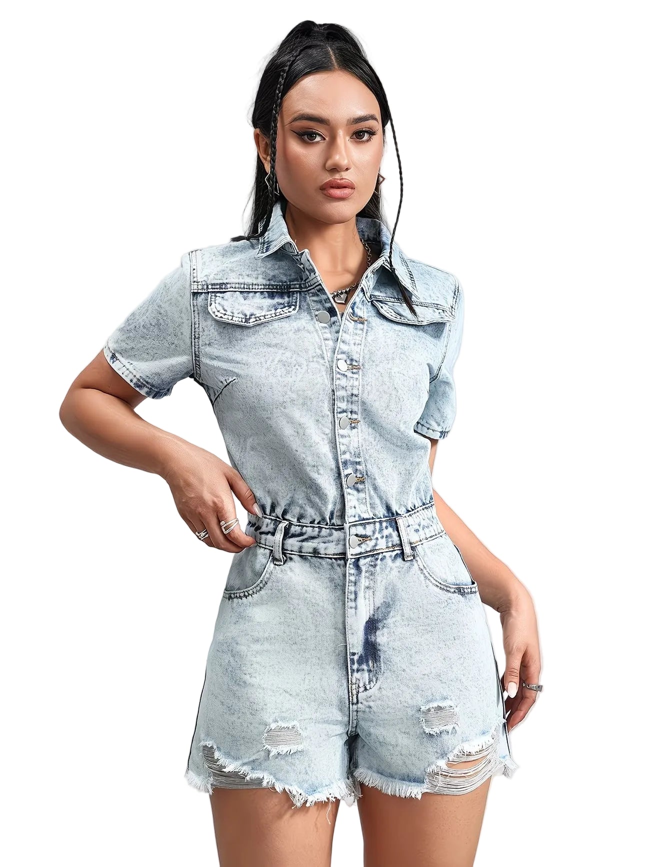 Women's Shirt-Style Jumpsuit with Frayed Hem Main image