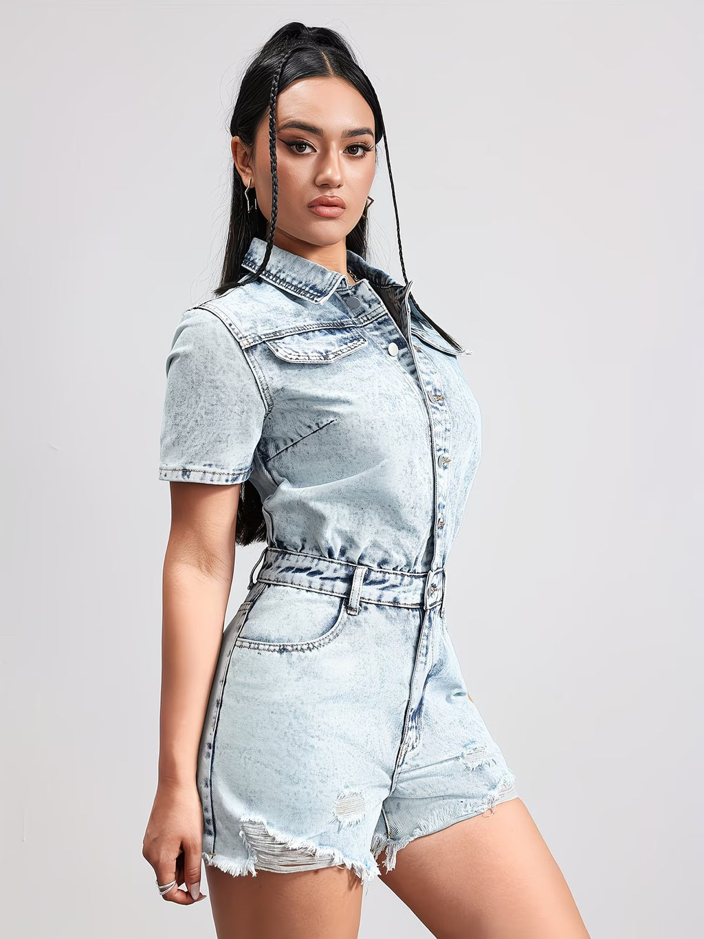 Women's Shirt-Style Jumpsuit with Frayed Hem
