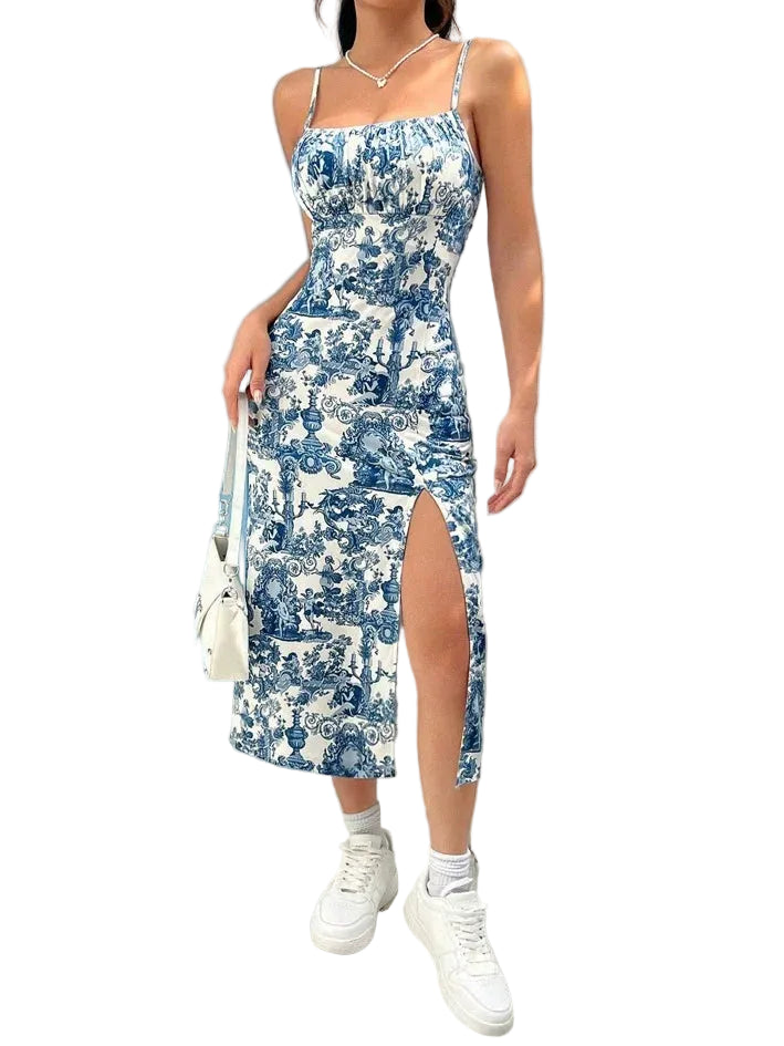 Women's Spaghetti Strap Ruched Side Slit Midi Dress