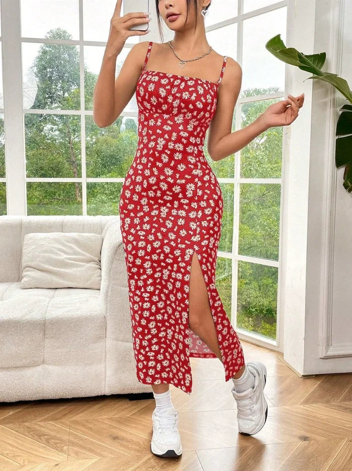 Women's Spaghetti Strap Ruched Side Slit Midi Dress