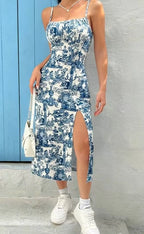 Women's Spaghetti Strap Ruched Side Slit Midi Dress