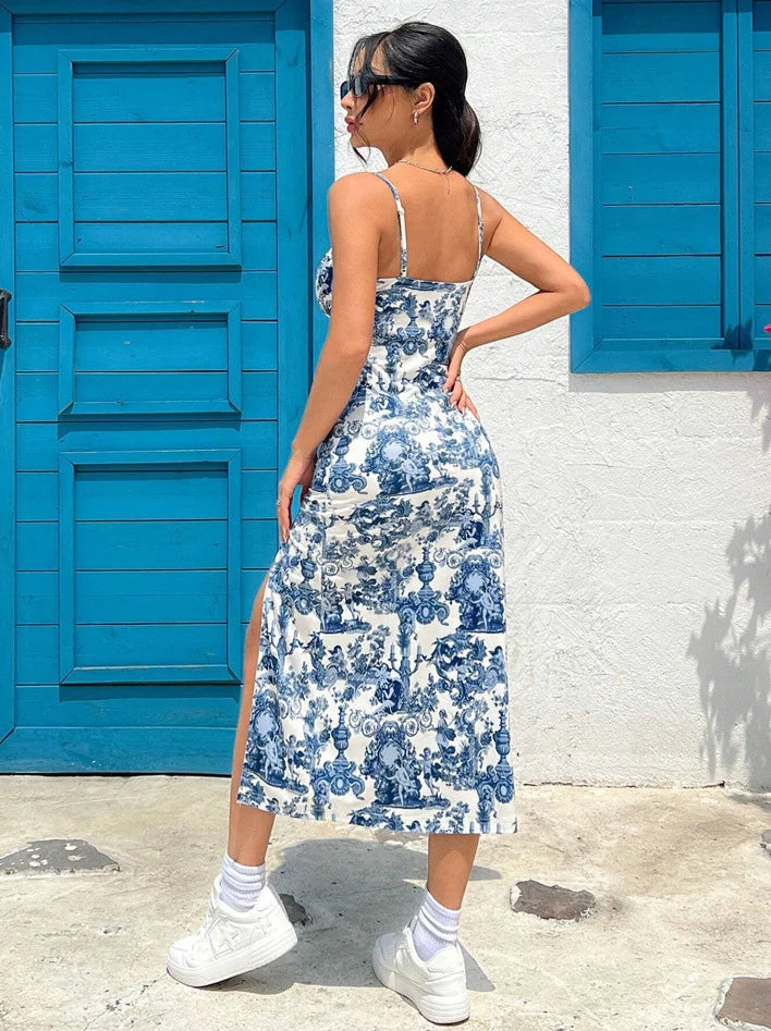 Women's Spaghetti Strap Ruched Side Slit Midi Dress