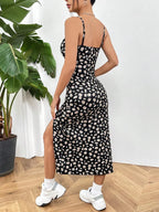Women's Spaghetti Strap Ruched Side Slit Midi Dress