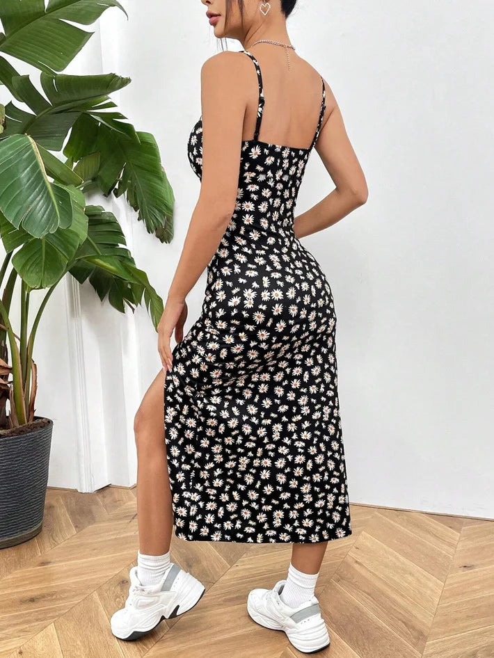 Women's Spaghetti Strap Ruched Side Slit Midi Dress
