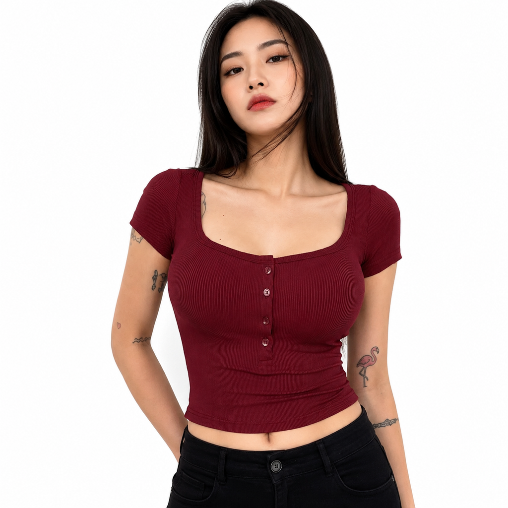 Women's Square Neck Button Knit Top
