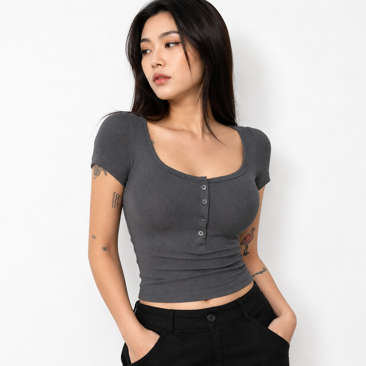 Women's Square Neck Button Knit Top