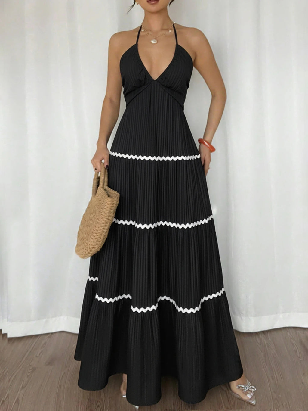 Women’s Tie Neck Tiered Long Dress